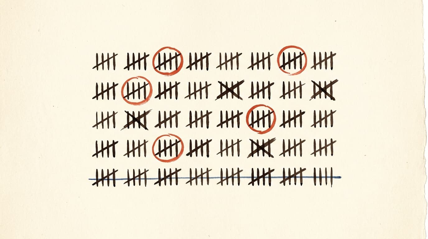 Ink tally-mark grid arranged in five rows, several marks circled in vermilion seal and several crossed out, with a Yale Blue underscore on the bottom row