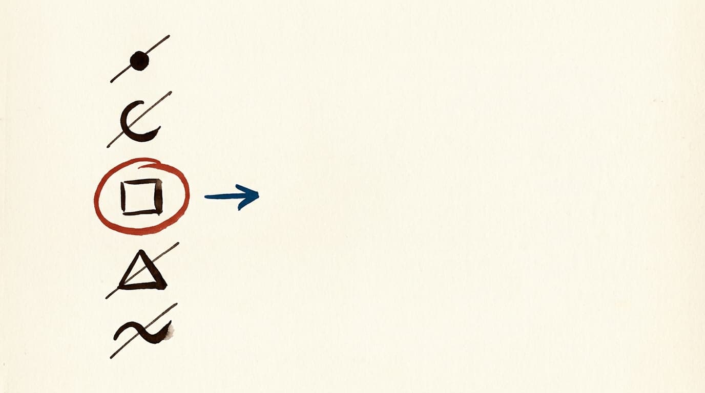 Vertical ink list of five abstract symbols, one circled in vermilion seal red with a Yale Blue arrow pointing right; the others struck through with hatch marks